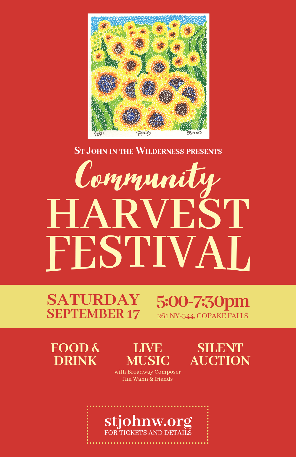 St John in the Wilderness presents Community Harvest Festival Saturday, September 17, 5:00-7:30pm. 261 NY 344 Copake Falls.