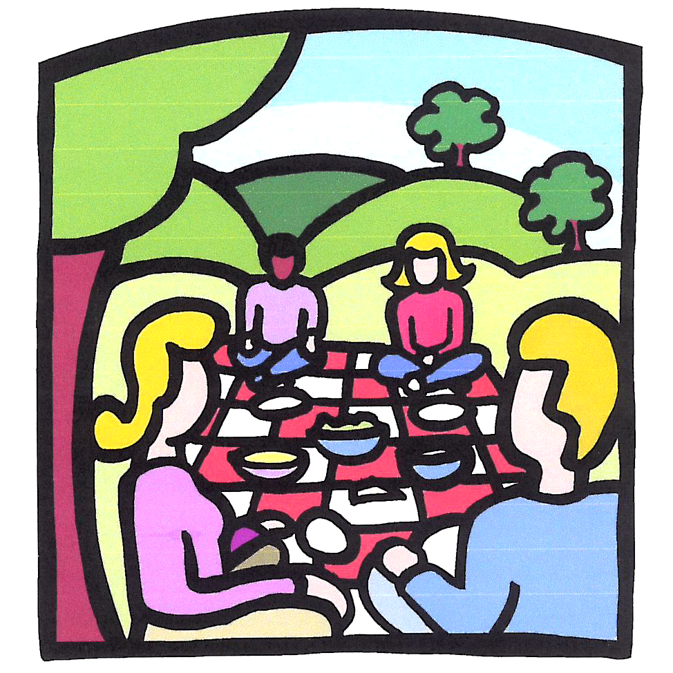 stylized graphic of four people sitting under a tree, around a picnic blanket covered with food.